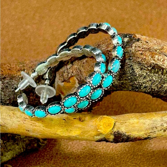 Western Style Turquoise Impression Hoops - Picture 2 of 5